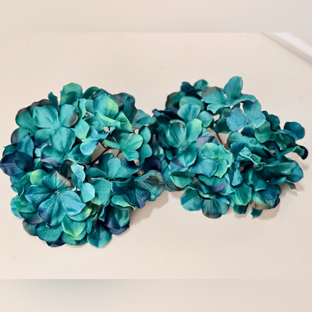 SHABBY CHIC 2 Teal Blue Hydrangea Stems Floral Arrangement Faux Flower Lifelike